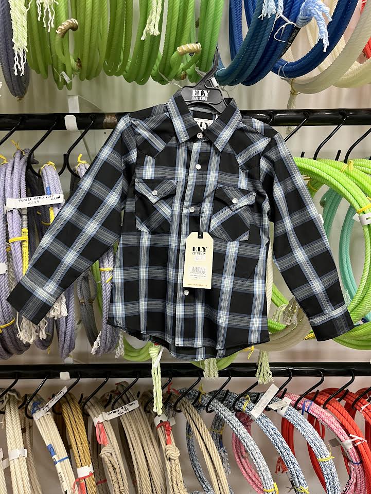 Youth:Long Sleeve Textured Plaid Western Snap Shirt-Blue/Black Plaid Boy's