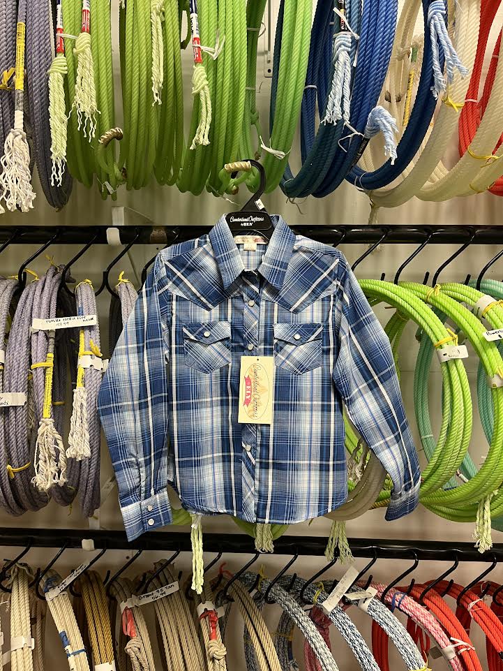 Youth: Long Sleeve Textured Plaid Western Snap Shirt-Blue Plaid Girl's