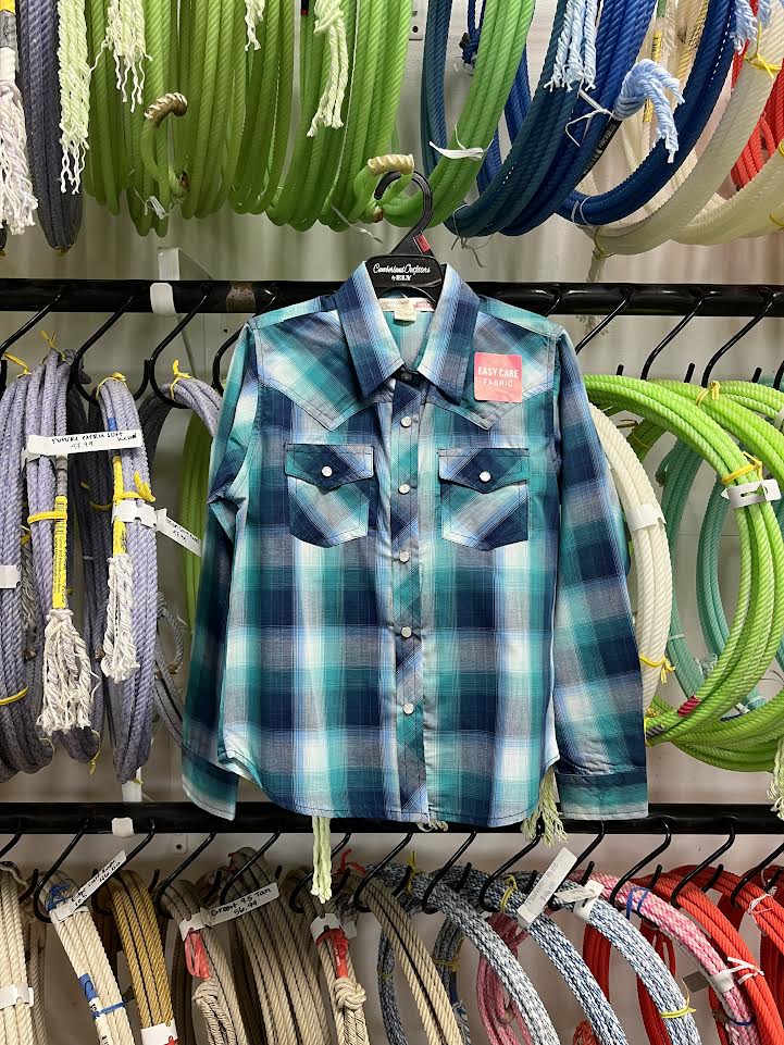 Youth: Long Sleeve Textured Plaid Western Snap Shirt-Green Plaid Girl's
