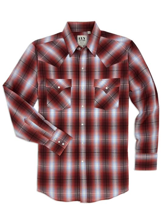 Long Sleeve Textured Plaid Western Snap Shirt - Burgundy/White Plaid