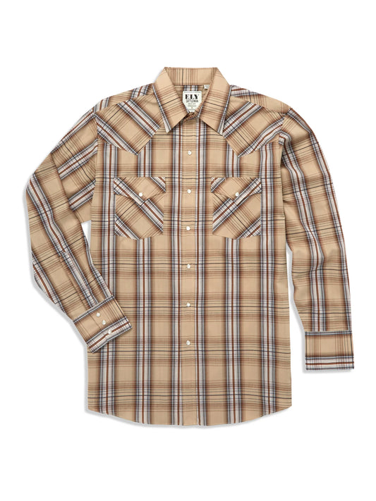 Long Sleeve Textured Plaid Western Snap Shirt-Khaki XL