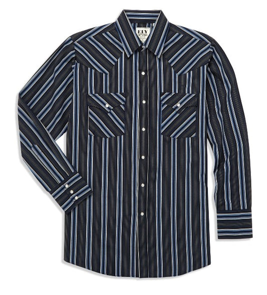 Long Sleeve Textured Stripe Western Snap Shirt-Blue Stripes XL