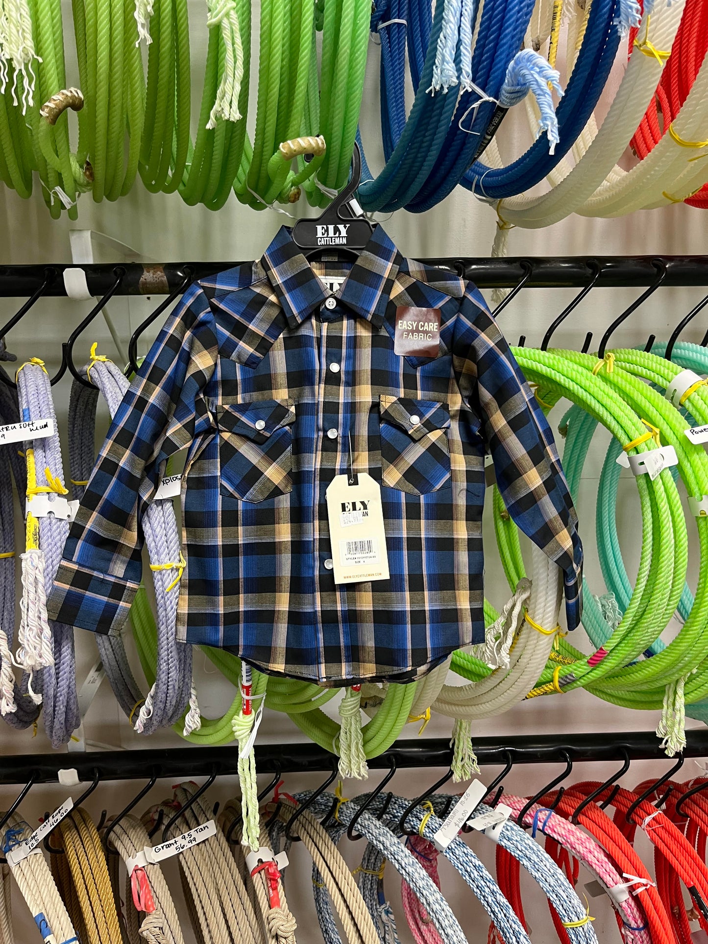 Youth:Long Sleeve Textured Plaid Western Snap Shirt-Bue Plaid Boy's