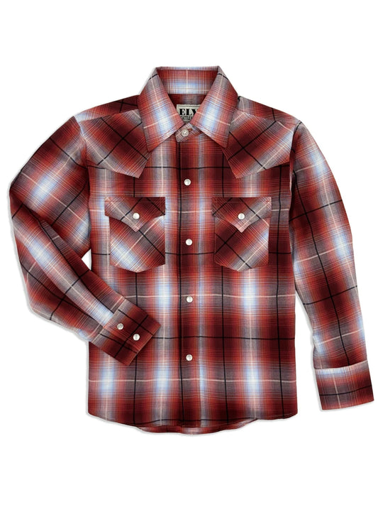 Youth:Long Sleeve Textured Plaid Western Snap Shirt-Red Plaid Boy's