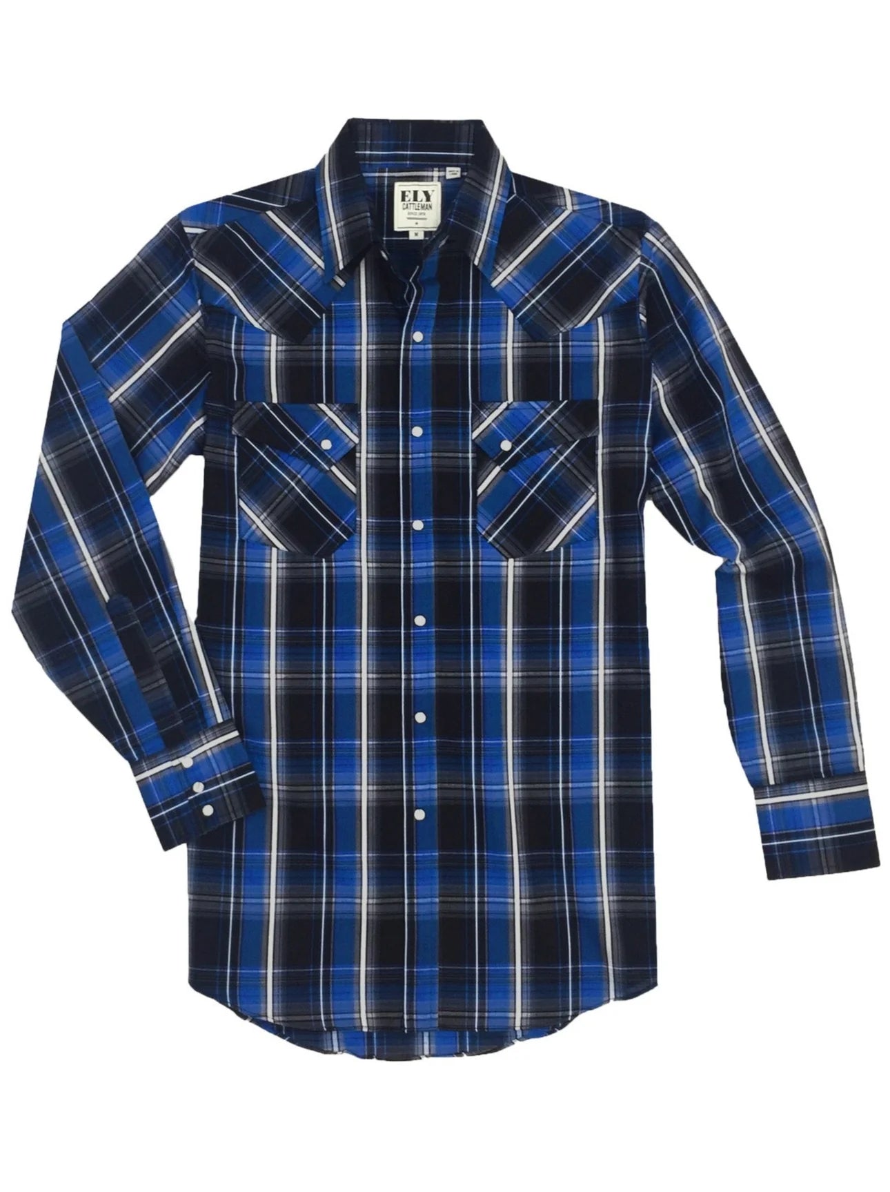 Long Sleeve Textured Plaid Western Snap Shirt-Blue/White Plaid
