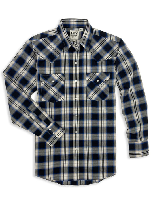 Long Sleeve Textured Plaid Western Snap Shirt-Blue/Black Plaid