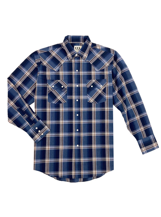 Long Sleeve Textured Plaid Western Snap Shirt-Blue/Yellow Plaid XLT