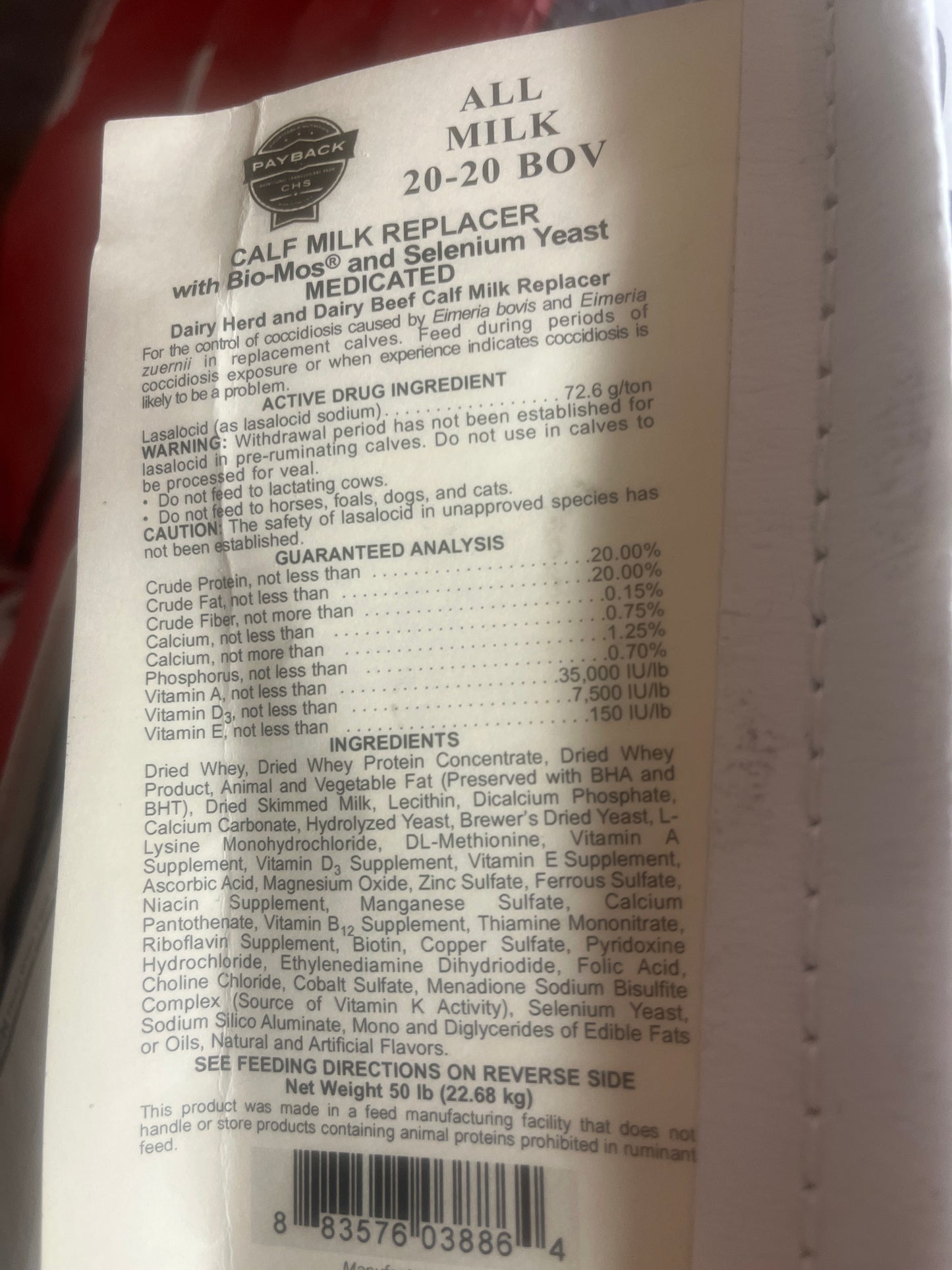 Payback 20-20 All Milk Replacer Medicated with Bovatec