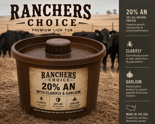 Ranchers Choice 20% AN lick tub with Clarifly and Garlium 25#