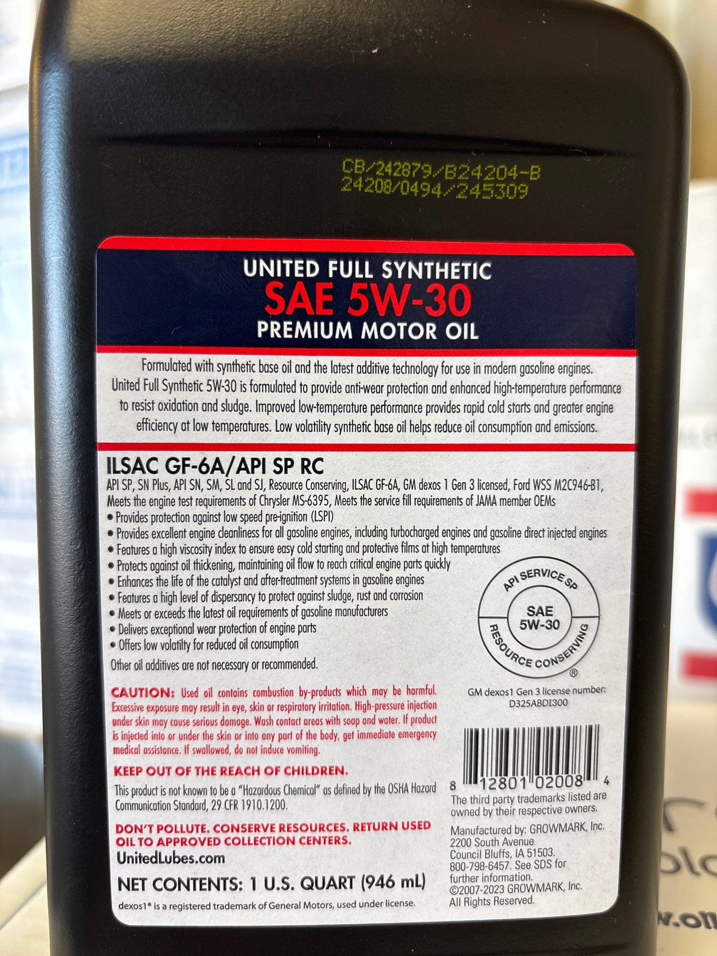 United Full Synthetic SAE 5W-30 GF-6A/SP DEXOS - Gasoline Engines - 1 quart