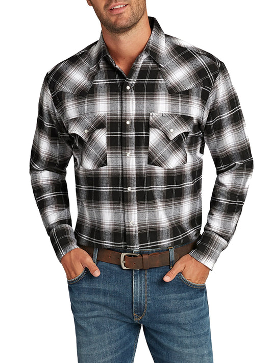 Long Sleeve Flannel Western Snap Shirt-Black Plaid
