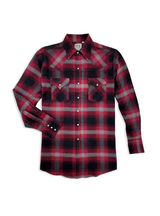 Long Sleeve Flannel Western Snap Shirt-Red/Black Flannel