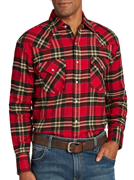 Long Sleeve Flannel Western Snap Shirt-Red/Green Fannel