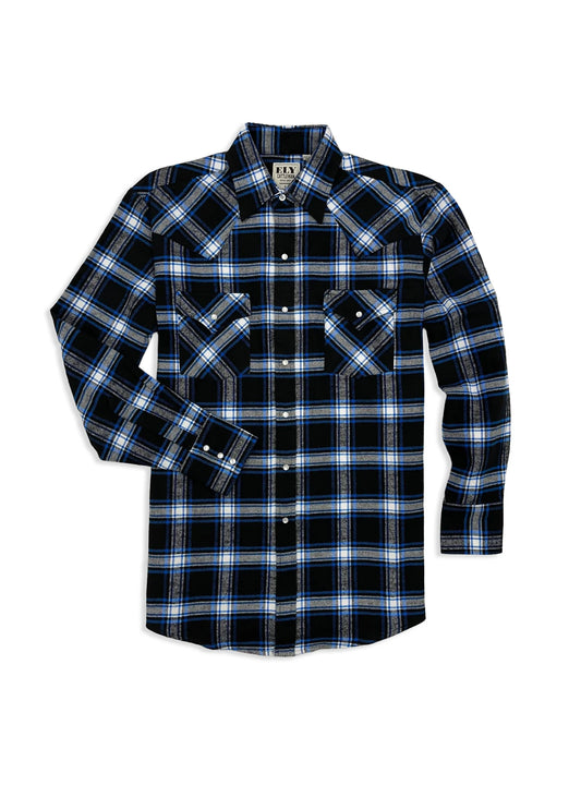 Long Sleeve Brawny Flannel Western Snap Shirt-Blue/Black Flannel