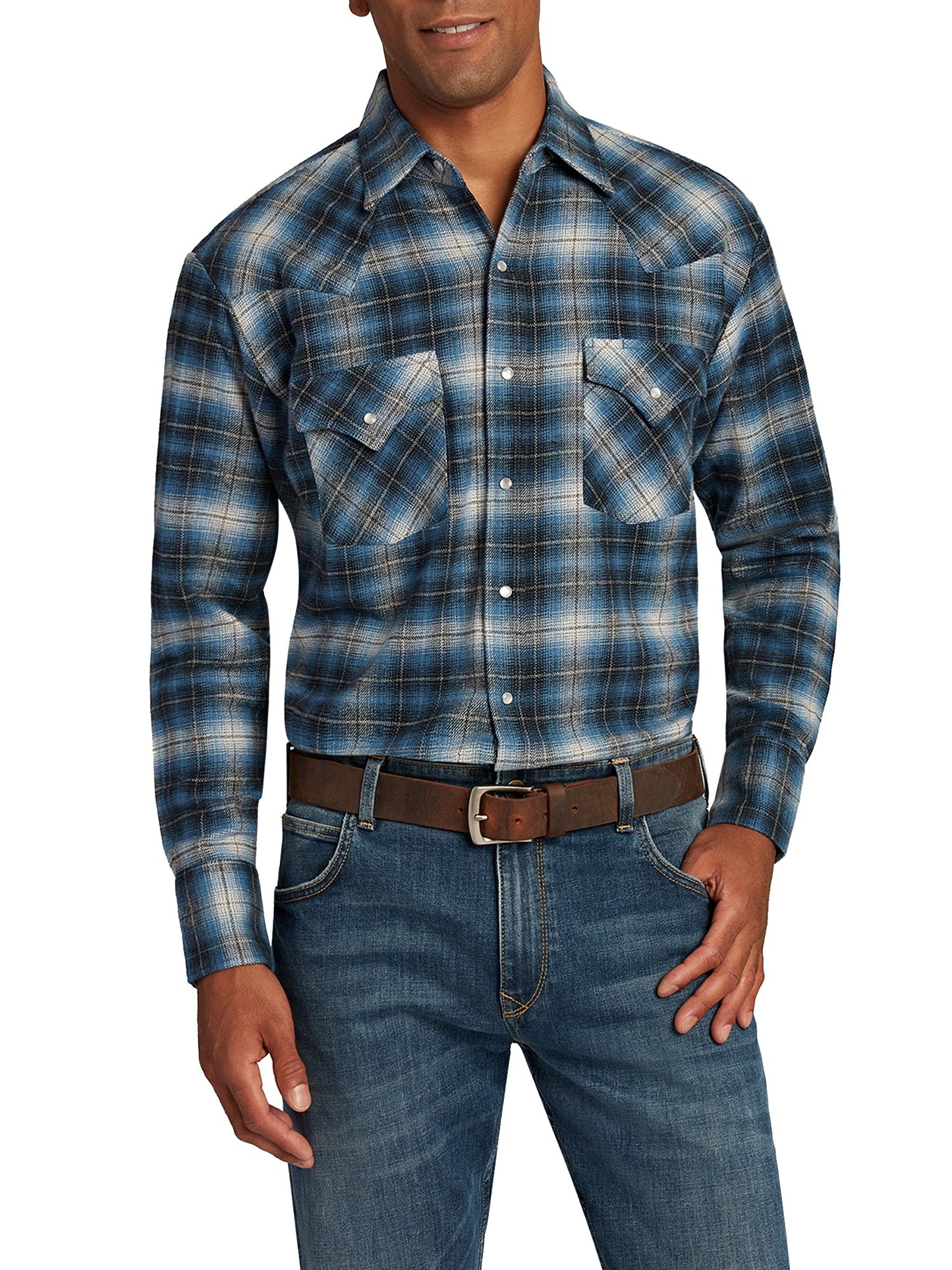 Long Sleeve Brawny Flannel Western Snap Shirt-Blue Flannel