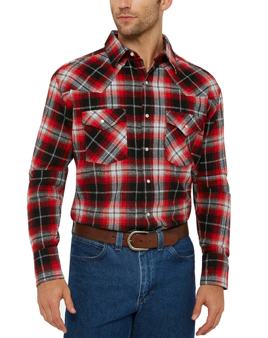 Long Sleeve Brawny Flannel Western Snap Shirt-Red Flannel