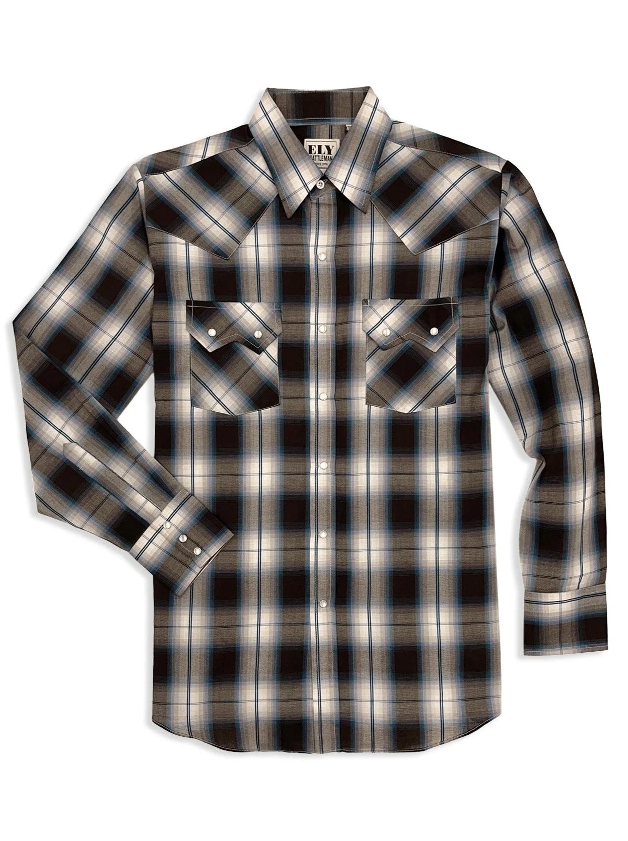 Long Sleeve Textured Plaid Western Snap Shirt- Brown