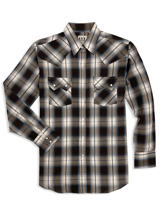 Long Sleeve Textured Plaid Western Snap Shirt- Brown LARGE