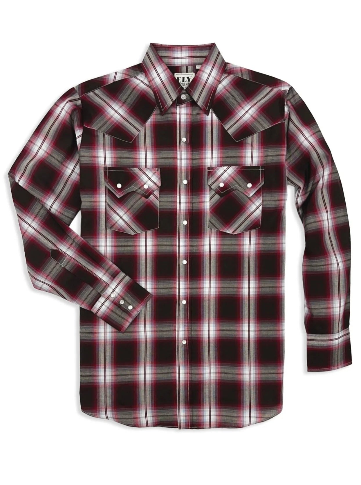 Long Sleeve Textured Plaid Western Snap Shirt-Burgundy Plaid