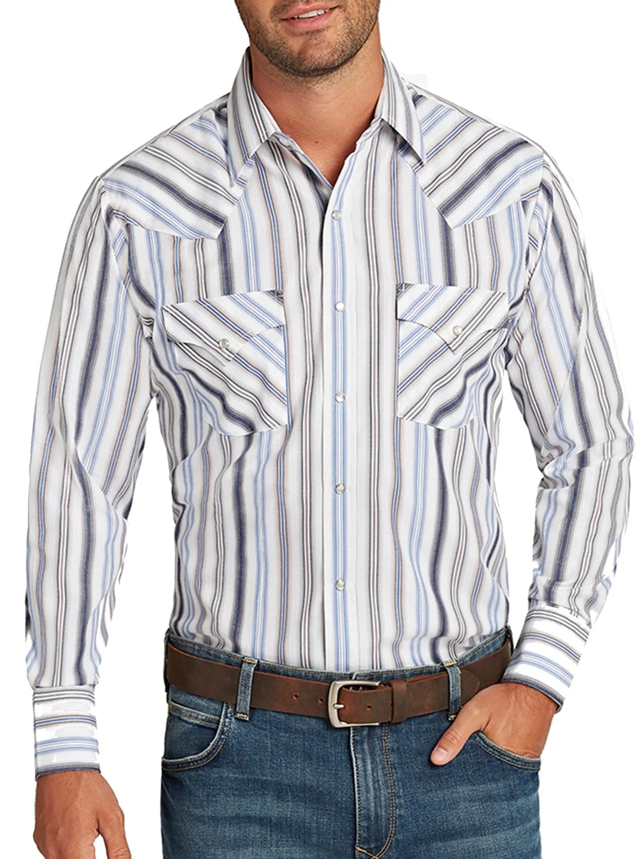 Long Sleeve Stripe Western Snap Shirt-White Stripes