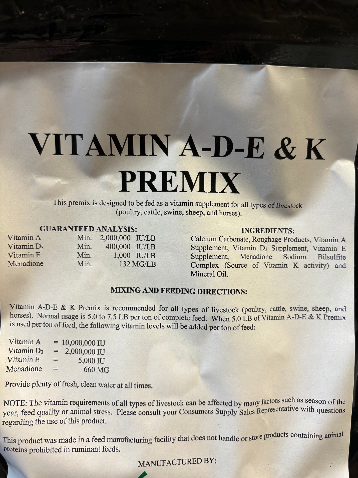 Vitamin A-D-E & K Premix 10# Bag