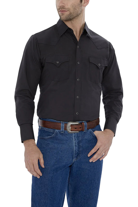 Long Sleeve Solid Western Snap Shirt-Plain Black