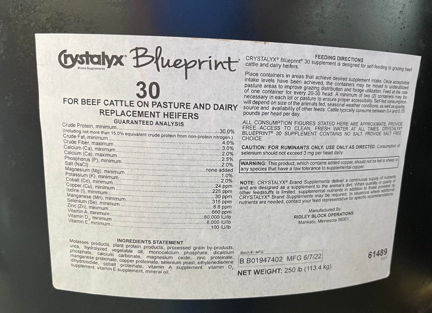 30% Crystalyx Blueprint Lick Tub 250lb