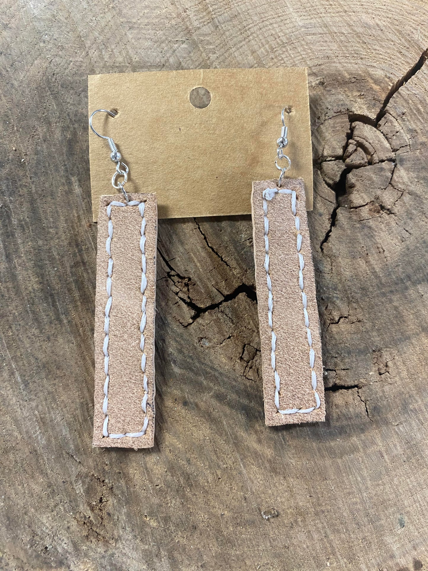 Hand Stitched Light Leather Bar Earrings